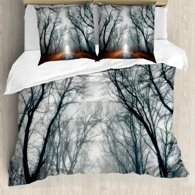 Produktbild von ABAKUHAUS Mystiker Bettbezug Set, Straße In Richtung Des Bewölkten Herbst Himmel Baum Goldenen Blattes Artwork Druck, 200 x 200 cm + 80 x 80 cm, Grau Rot