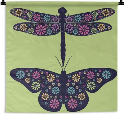 Produktbild von MuchoWow® Wandteppich Wandbehang Eine Illustration einer Libelle und eines Schmetterlings 60x60 cm Tapisserie Dekoration Wandtuch - Dekorationen - Wand Decke