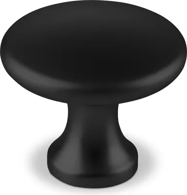 A single black cabinet knob shown from a front-facing angle against a white background.