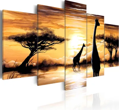 Produktbild von Modernes Wandbild c-A-0033-b-m (100x50) - 5 Teilig Bilder Fotografie auf Vlies Leinwand Foto Bild Dekoration Wand Bilder Kunstdruck AFRIKA SAVANNE GIRAFFE NATUR SONNENUNTERGANG