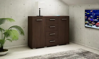 Produktbild von MATKAM Kommode Helena B120 x H84,5 x T35 cm, Sideboard mit 4 Schubladen und 2 Fächer mit Türen, ideal für Büro, Diele, Wohnzimmer (Wenge)