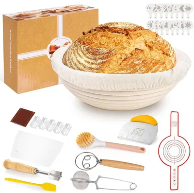 10-teiliges Sauerteig-Set, 23 cm Gärkorb, Backzubehör