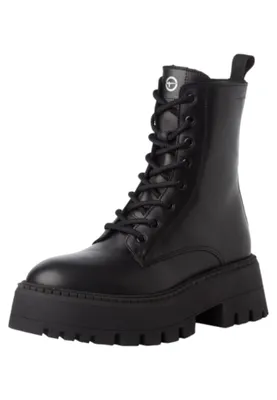 A black lace-up boot with a thick sole is shown against a white background.