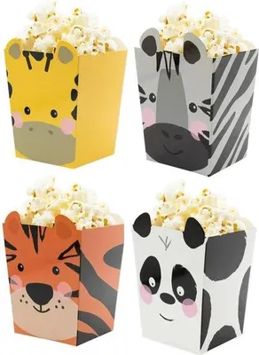 Zdjęcie produktu dla DUŻE Pudełka na Popcorn ZWIERZĄTKA 4szt Urodziny