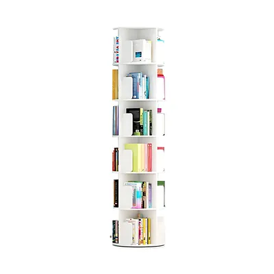A white, rotating bookshelf with multiple shelves filled with books.