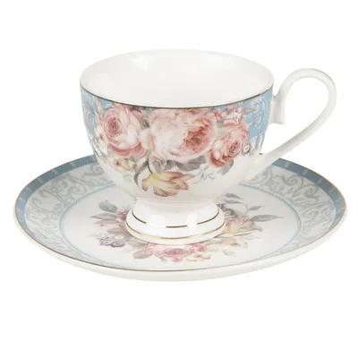 Produktbild von Clayre & Eef Tasse mit Untertasse 200 ml Weiß Blau Porzellan Blumen