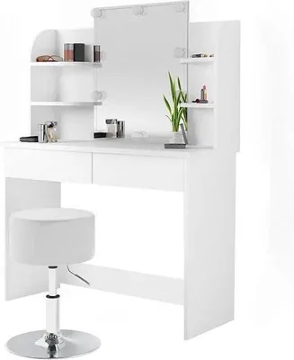 Image de Coiffeuse blanche avec éclairage LED et tabouret, 108 cm