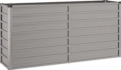A long, rectangular raised garden bed made of gray metal panels.