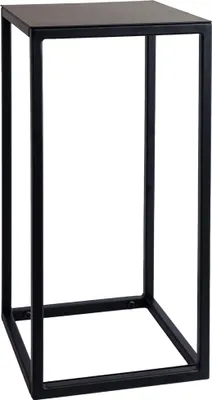 A black metal plant stand with a square top and base.