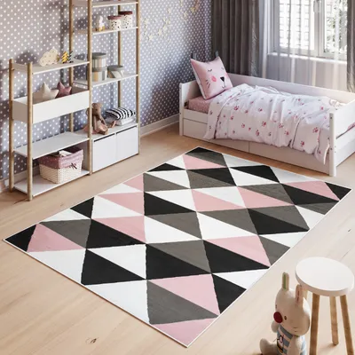 Produktbild von Teppich Wohnzimmer Schlafzimmer Kurzflor Modern Design Rosa Weiß Schwarz Grau Geometrisch Dreieck  180 x 250 cm