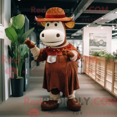 Produktbild von Maskottchen REDBROKOLY einer braunen Hereford-Kuh mit Midikleid und Hut