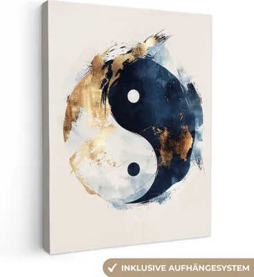 Produktbild von MuchoWow® - Leinwandbilder - Yin Yang - Abstrakt - Schwarz - Weiß - Gold, Wandbild, Wanddeko Bilder Wohnzimmer, 90x120cm