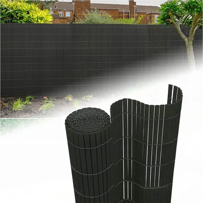 A split image showing a fence in the background and a rolled-up fence mat in the foreground.
