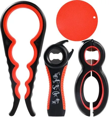 Productafbeelding van Unyqoos® Multifunctionele set om flessen, potten en blikjes te openen – 4-in-1 potopener, 5-in-1 flesopener, 6-in-1 blikopener, antislip siliconen handgrepen