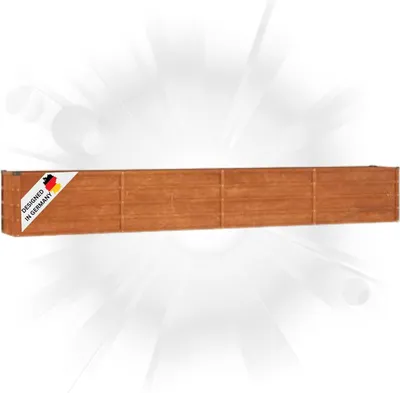 A wooden garden border with a "Designed in Germany" sticker.