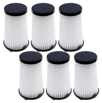 A set of six vacuum cleaner filters arranged in two rows on a white background.