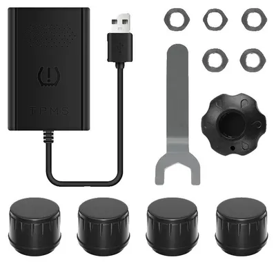 Obrázek produktu pro Systém pro monitorování tlaku v pneumatikách, vodotěsný podle normy IPX7, napájený přes USB, externí senzory