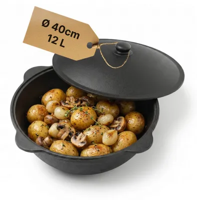 Produktbild von NAMANGAN Gusseisen Kasan 12L Aluminiumdeckel Campingtopf Kazan WOK Kessel Camping BBQ