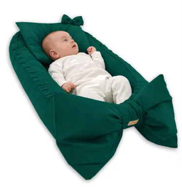 Produktbild von Babynestchen mit Kissen, Kuschelnest für Neugeborene, Samt/Velvet Baby Kokon, Atmungsaktives Reisebett mit Schleife, Grün, Standard 100