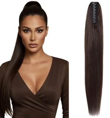 Image de Extension de queue de cheval en cheveux naturels, 50 cm, brun foncé, 120g, avec clip