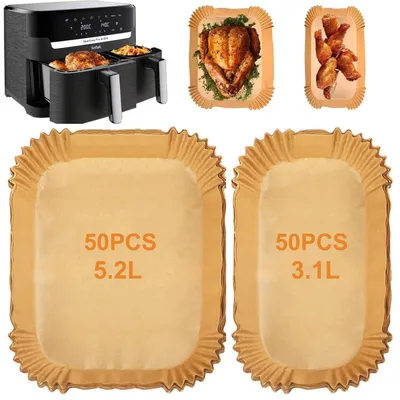 Produktbild von Backpapier für Heißluftfritteusen 100 Stück, 5,2/3,1 L, kompatibel mit Tefal EY9018, Philips Dual Basket 3000 Serie, Cecotec