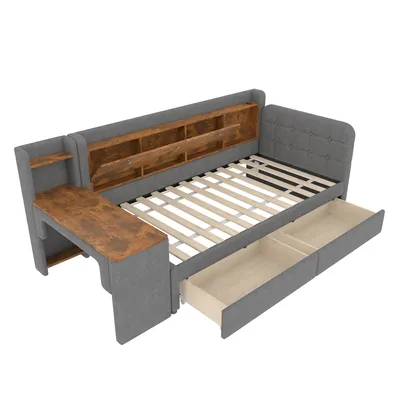 Obrázek produktu pro Rozkládací pohovka Abrihome 90×200 cm s integrovaným psacím stolem, 2 zásuvkami, výklopným úložným prostorem, USB a Type-C, šedá barva