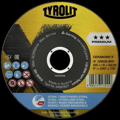 Image de TYROLIT Disque à tronçonner CERABOND X 125 x 1,6 mm, droit acier+INOX