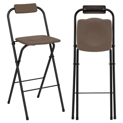 Two views of a brown folding bar stool with black metal legs against a white background.