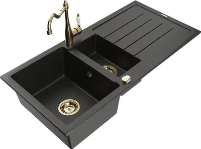 Immagine prodotto di Mexen Andres lavello in granito a 1,5 vasche con scolapiatti e rubinetto cucina Carla, nero/oro metallico - 6515-75-670700-50