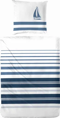 Immagine prodotto di Hahn Renforcé Biancheria da letto Maritim, cotone a righe con gabbiani, bianco e blu, 100% cotone, copripiumino con cerniera, federa, set da letto 155x220 cm, bianco e blu