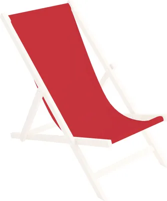 A red fabric sling chair with a white wooden frame, presented against a white background.