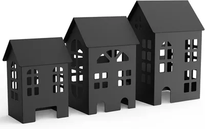 Produktbild von Set mit 3 dekorativen Häusern aus Metall, Laternen in Schwarz, modernes Windlicht-Set für Haus, Garten und Terrasse