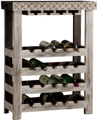 A wooden wine rack filled with wine bottles, shown against a white background.