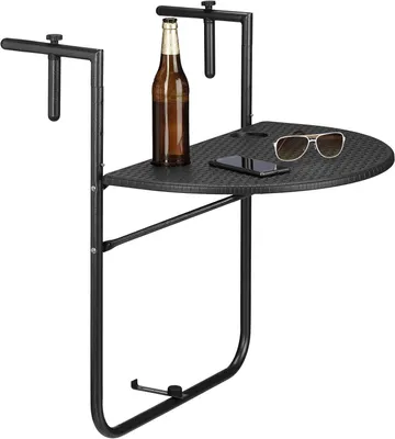 Immagine prodotto di BASTIAN - Tavolino da balcone - 60 x 40 cm - 3 livelli - Regolabile - Aspetto rattan - Nero