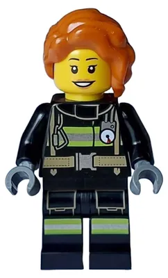 Zdjęcie produktu dla Minifigurka LEGO – strażaczka, czarna kurtka i nogawki z elementami odblaskowymi (cty1713)