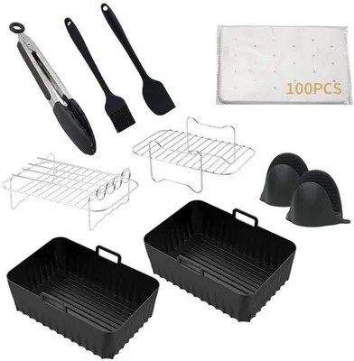 Zdjęcie produktu dla Zestaw akcesoriów kuchennych (7-częściowy), podwójny zestaw do grillowania, podwójna półka do grillowania, prostokątny piec do grillowania ze stali nierdzewnej.