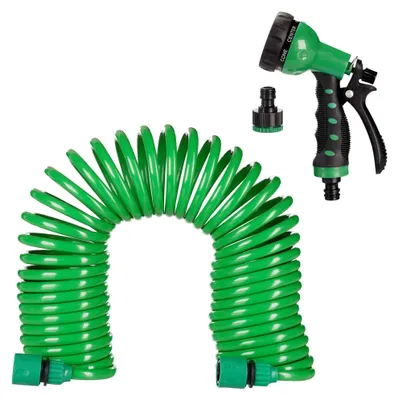 Produktbild von Gartenschlauch mit Brause, flexibel ausziehbar bis 10m, Spiralschlauch, Gartenbrause 7 Strahlarten, Wasserschlauch, grün