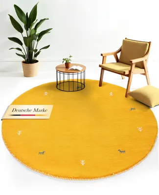 Produktbild von Wollteppich Gabbeh Uni Rund Gelb Ø 250 | Moderner Teppich für Wohn- und Schlafzimmer