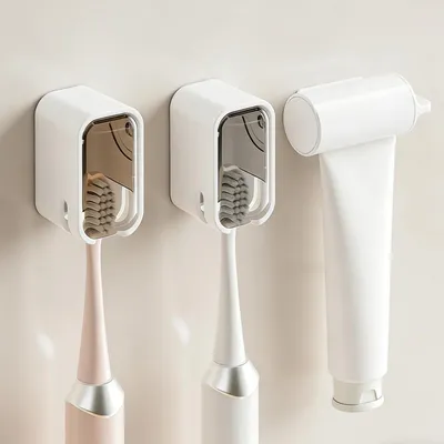Image de Support mural pour brosses à dents, lot de 2, avec couvercle et distributeur de dentifrice, adhésif