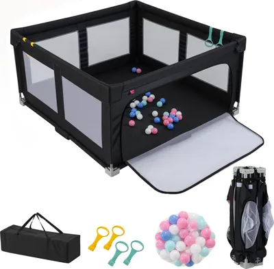 Produktbild von GOPLUS 150cm Laufstall Faltbar Babys mit atmungsaktivem Netz, Laufgitter mit 50 Bällen, 4 Griffen & Tragetasche