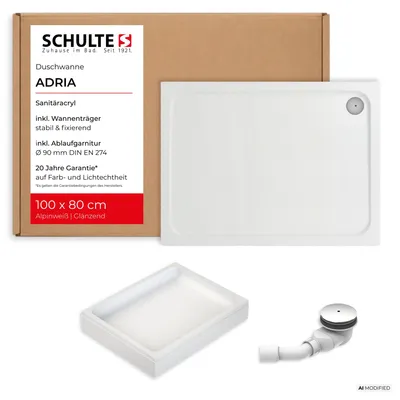 Immagine prodotto di Piatto doccia Schulte Adria 100x80 cm, acrilico sanitario bianco, set con supporto in schiuma rigida + scarico e troppopieno, altezza 14 cm