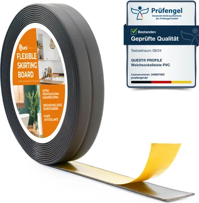 Produktbild von QUEST Weichsockelleiste Selbstklebend 10x10mm, 5m, Sockelleiste, Knickleiste aus PVC, Kunststoff für Küche und Bad, Dichtungsband, Fugendichtband , graphit