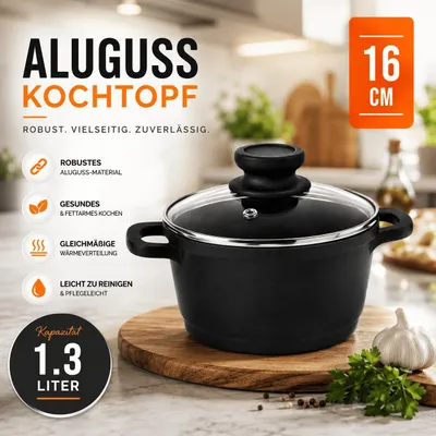 Produktbild von Profi Aluguss Topf Ø16cm Kochtopf inkl. Glasdeckel Alle Herdarten Induktion 1,3L