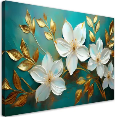 Produktbild von Leinwandbild Weiße Blumen Goldene Blätter Türkis 100x70 Feeby Gold bild für die wand bereit zum aufhängen
