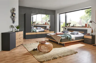 Produktbild von Schlafzimmer Komplett Set GRANADA-43 mit Bett 180x200cm und 6-trg. Kleiderschrank in graphit mit Artisan Eiche Nb.