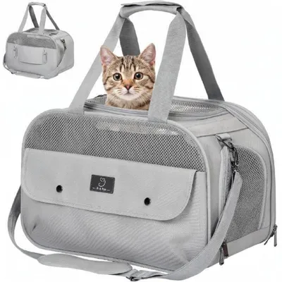 Produktbild von Transportbox Katze & Hund Grau L 43x26x28 cm faltbar mit Schultergurt & Autosicherheitsgurt