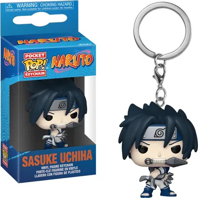 A Funko Pop! Keychain of Sasuke Uchiha from Naruto, shown in its original packaging and also as a standalone keychain.