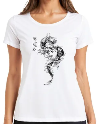 Productafbeelding van Japans draak, Irezumi, oosterse draak, Azië, Koi, vlam, dames T-shirt, wit, maat M