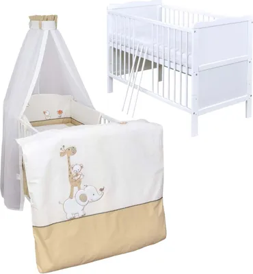 Produktbild von Baby-Delux Babybett Kinderbett Max 120×60 Weiß mit Matratze, Beißschienen  10-tlg. Bettwäsche Set Zirkus Beige