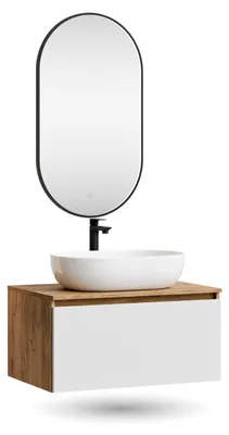 Produktbild von ARISA Badmöbel Set in Weiß – Mit "Glora" LED Spiegel und weißem Keramik-Aufsatzwaschbecken 60 cm